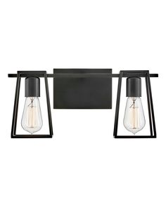 two light bathroom fixture with black metal frame and clear glass bulbs on the wall,