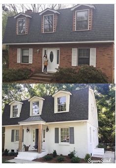 before and after pictures of a house with white siding, black roof and gray shingles