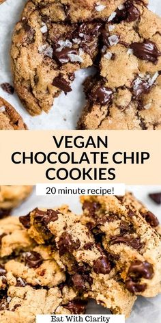 vegan chocolate chip cookies are stacked on top of each other with text overlay