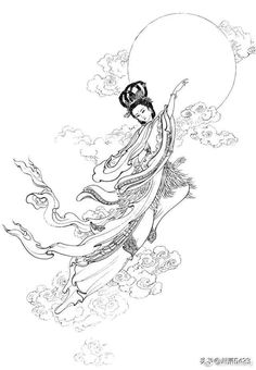 a drawing of a woman flying through the sky