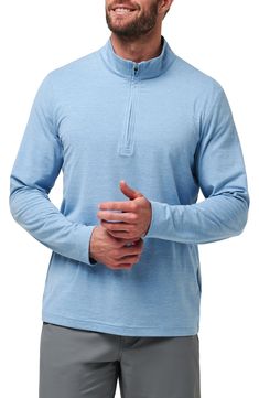 Lightweight and layerable, this pullover made with breathable cotton sports plenty of stretch to move you from your golf swings to your workouts in comfort. Quarter-zip closure Stand collar Long sleeves 70% polyester, 23% cotton, 7% elastane Machine wash, tumble dry Imported Athleisure Long Sleeve Tops For Golf, Blue Half-zip Moisture-wicking Top, Blue Moisture-wicking Half-zip Top, Youth Sports, Heather Blue, Quarter Zip Pullover, 1/4 Zip, Order Online, Stand Collar