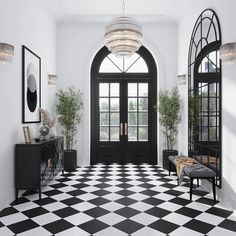 a black and white checkered floor in a room with arched windows, potted plants and two benches