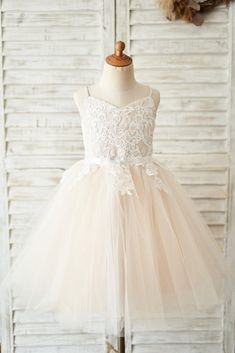 Spaghetti Straps Ivory Lace Peach Tulle V Neck Wedding Flower Girl Dre - Princessly Flower Girl Dress Beach Wedding, Beach Flower Girl Dresses, Girls Dres, Flower Girl Gown