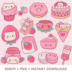 a bunch of cute pink food and desserts