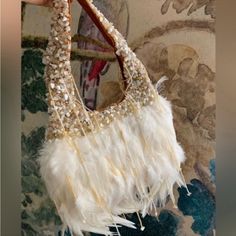 Michael Angelo White Goose Feathers And Semi Precious Women Fancy Bag Purse Beaded The Handles Of The Bag Are Embroidered With Pieces Of Mother-Of-Pearl Precious Stones, Inside The Bag There Is A Satin Lining Along The Edges Of Suede Made In Italy Luxury White Handheld Evening Bag, Luxury White Bags With Pearl Handle, White Tote Evening Bag For Shopping, White Evening Bag For Party, White Bohemian Party Bag, Luxury Cream Shoulder Bag For Party, White Party Tote Shoulder Bag, White Tote Evening Bag For Party, White Tote Shoulder Bag For Wedding