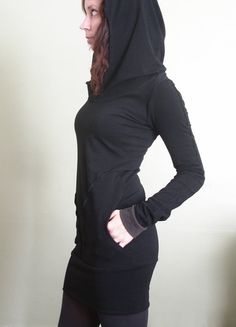 hooded tunic dress with pockets Black/Cement cuffs by joclothing Cotton Hoodie With Side Pockets, Fitted Winter Hoodie With Thumbholes, Winter Hoodie With Thumbholes, Winter Hoodie With Thumbholes And Long Sleeves, Fitted Hoodie With Thumbholes, Hooded Fall Hoodie With Thumbholes, Fitted Cotton Hoodie With Pockets, Black Cotton Sweatshirt Dress For Fall, Rave Style