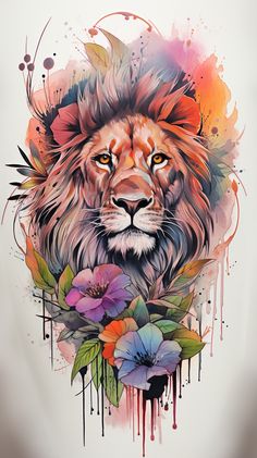 a lion with flowers and leaves on it's head, painted in watercolor