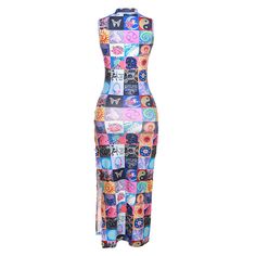 Description:A retro-inspired and one-of-a-kind print makes this maxi dress the talk of the room. Crafted with polyester and elastane. embellished with eclectic collage of cartoonish insignias throughout. featuring a sleeveless bodice trimmed with a high mock neckline. a fitted silhouette embodied with a side split. a slip-on styling finished with a long length. Find more unique women's vintage dresses or trendy clothing in our boutique. and pair it with a choker necklace and a button-up blouse f Eclectic Collage, Multicolor Sleeveless Knitted Dress, Multicolor Printed V-neck Sleeveless Dress, Multicolor V-neck Maxi Dress With Abstract Print, Bodycon Floral Dress, Womens Vintage Dresses, High Neck Long Sleeve, Trendy Clothing, Mock Neckline