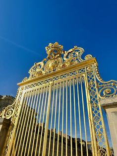 an ornate gold gate with a blue sky in the background