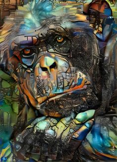 an abstract painting of a gorilla with many different colors and patterns on it's face