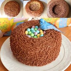 there is a chocolate cake with eggs in the nest and other decorations around it on a plate