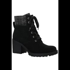 "New - The Item Is Brand-New, Unused, And Unworn. The Item May Or May Not Have The Original Tags And/Or Original Packaging. 2-7/8" Block Heel Shaft Height: 4-3/4"; Circumference: 11-1/2"; Measured On A Size 6 Round-Toe Lace-Up Booties With Zipper Closure Cushioned Insole, Memory Foam, Breathable Lining And Lightweight, Flexible Sole For Added Comfort; Slip-Resistant Sole For Added Traction Fabric Upper; Fabric/Manmade Lining; Manmade Sole" Black High-top Hiking Boots With Reinforced Heel, Black Lace-up Ankle Boots With Contrast Sole, Black Ankle Lace-up Boots With Reinforced Heel, Black Ankle Lace-up Boots With Lug Sole, Black Ankle Lace-up Boots With Stitched Sole, Lace Up Booties, Black Booties, Black Media, Memory Foam