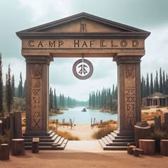 the entrance to camp haflod is surrounded by tall trees and other small structures