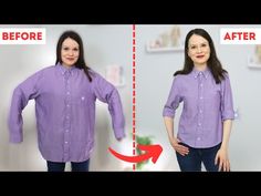 a woman is shown before and after her shirt has been turned into a button up blouse