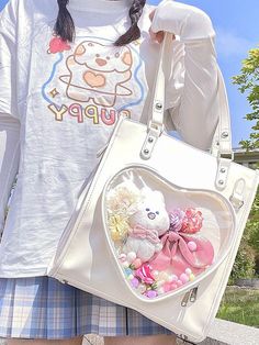 This price is for an ita bag only, the ita bag contents are not included. Bag Details:Divided Interior / Zip ClosureFabric:PU Size Free Size Length 27 Height 30 Depth 7 White Heart-shaped Travel Bag, White Shoulder Bag For Valentine's Day, Cute White Bag For Valentine's Day, Cute White Bags For Valentine's Day, White Heart-shaped Shoulder Bag For Daily Use, White Heart-shaped Everyday Bag, Bag Contents, Kawaii Bags, Ita Bag