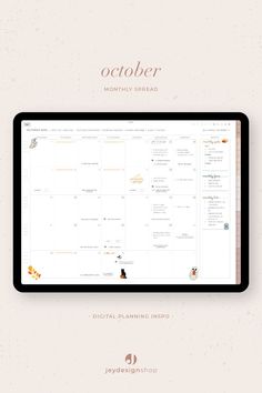 the october calendar is displayed on a tablet screen, with an orange and pink background