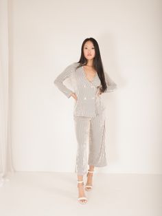 Molly Green - Holland Pinstripe Pants - Pants Spring Striped Blazer For Business Casual, Elegant Striped Pants For Spring, Chic Pinstripe Pants For Business Casual, Chic Striped Blazer For Business Casual, Chic Spring Blazer With Vertical Stripes, Elegant Pinstripe Pants For Spring, Chic Loungewear Pants With Vertical Stripes, Chic Striped Pants For Loungewear, Chic Striped Workwear Pants