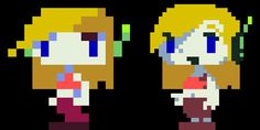 the pixel art shows two people with different facial expressions, one is blonde and the other is blue