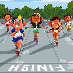 several cartoon characters running on a tennis court