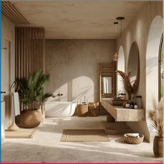 a bathroom with a tub, sink and large mirror in it's center area