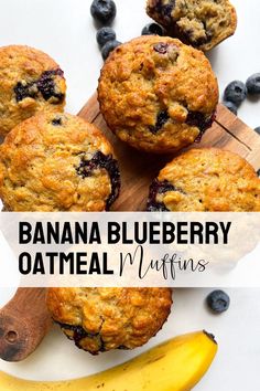 banana blueberry oatmeal muffins on a cutting board with bananas