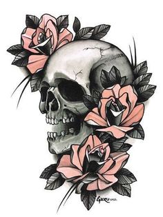 a drawing of a skull with roses on it