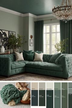 a living room with green walls and furniture in the color scheme, including couches