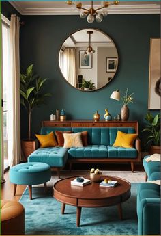 a living room with blue couches and yellow pillows on the coffee table in front of a round mirror