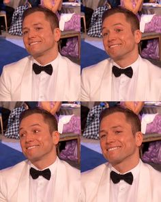 four pictures of a man in a tuxedo and bow tie smiling at the camera