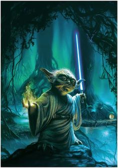 an image of yoda in the dark forest holding a light saber and looking at something