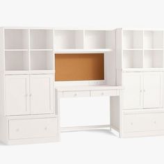 a white desk and bookcase with a corkboard on the wall behind it, in front of a white background