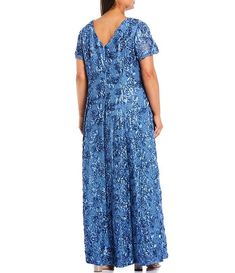 Alex Evenings Plus Size Round Neck Floral Rosette Short Sleeve A-Line Gown | Dillard's Fitted Short Sleeve Sequin Gown, Fitted Sequin Gown With Short Sleeves, Alex Evenings, A Line Gown, Dillard's, Short Sleeve Dresses, Round Neck, A Line, Maxi Dress