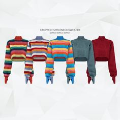 four sweaters with different colors and sizes are shown on a white background that appears to be made out of paper