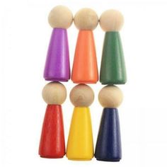 six wooden pegs with different colors on them