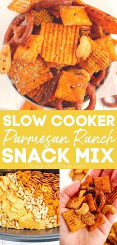 slow cooker parmesan ranch snack mix with text overlay that reads slow cooker parmesan ranch snack mix