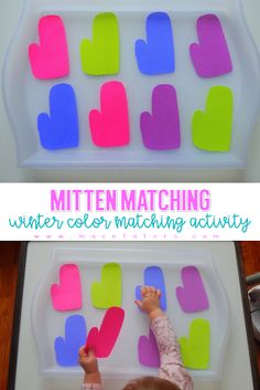 a toddler playing with colored foam hearts on a white tray, and the text mitten matching is above it