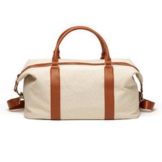 a white and brown duffel bag on a white background