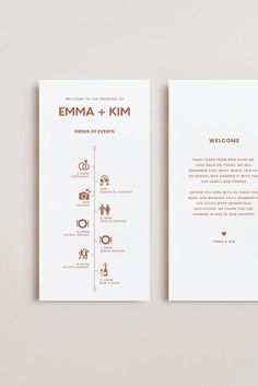 two wedding cards with gold foil on them, one in white and the other in red