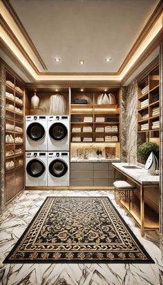 a very nice looking washer and dryer in a room with marble flooring