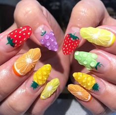 Fruit Nail Designs, Pineapple Nails, Fruit Nail, Food Nails, Fruit Nail Art, Beachy Colors, Natural Nail Art, Elegant Nail Designs, Nail Art Gel