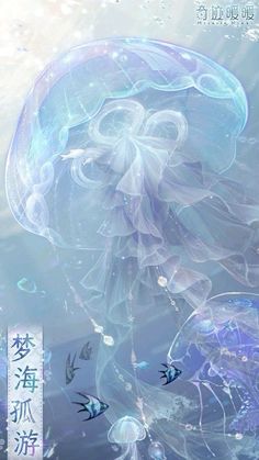 a jellyfish floating in the water with chinese characters on it's back ground