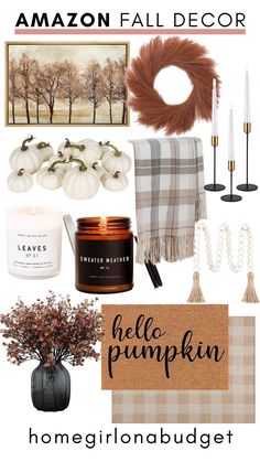 fall decor with candles, pumpkins and other things to decorate for the holiday season