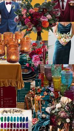 a collage of photos with candles, flowers and other things in it that include wine glasses