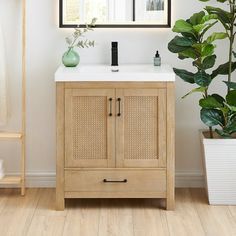 a bathroom with a wooden cabinet and mirror on the wall next to a potted plant