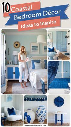 blue and white bedroom decor with text overlay that reads 10 coastal bedroom decor ideas to inspire