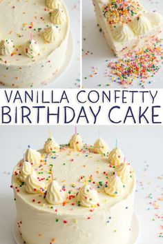 vanilla confetti birthday cake with white frosting and sprinkles