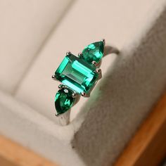 Lab emerald ring three stone ring silver promise ring May Emerald Statement Ring, Silver Promise Rings, Mothers Ring, May Birthstone Rings, Ring Three Stone, Fancy Things, Natural Emerald Rings, Emerald Rings, White Smile