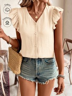 Aprikosenfarben Lässig Collar Flügelärmel Gewebter Stoff Einfarbig Oberteil Embellished Undehnbar Cottagecore Aesthetic, Butterfly Sleeves, Crepe Fabric, Kids Sleepwear, Summer Top, Summer Shorts, Womens Tees, Blouses For Women, Loose Fitting