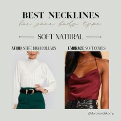 Dora | Image & Style | Color Analysis & Kibbe Body Types | Save this for choosing your best NECKLINES if your Body Typology is SOFT NATURAL 🌻 #fashionstyle #softnatural #styleblogger… | Instagram Kibbe Soft Natural Outfit Ideas, Soft Natural Fashion, Soft Natural Makeup, Theatrical Romantic