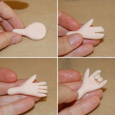 four pictures of hands and fingers being made out of plastic clay, including one hand holding a doll's foot